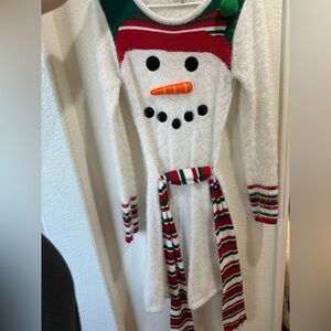 Festive Snowman Sweater Dress with Striped Belt